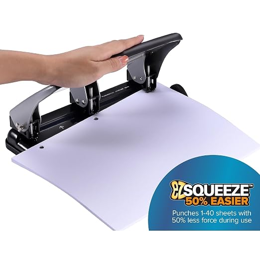Bostitch Office EZ Squeeze Heavy Duty 3-Hole Punch for Home Office & School, 40-Sheet Capacity, One-Touch Reduced Force, Sleek Silver Design