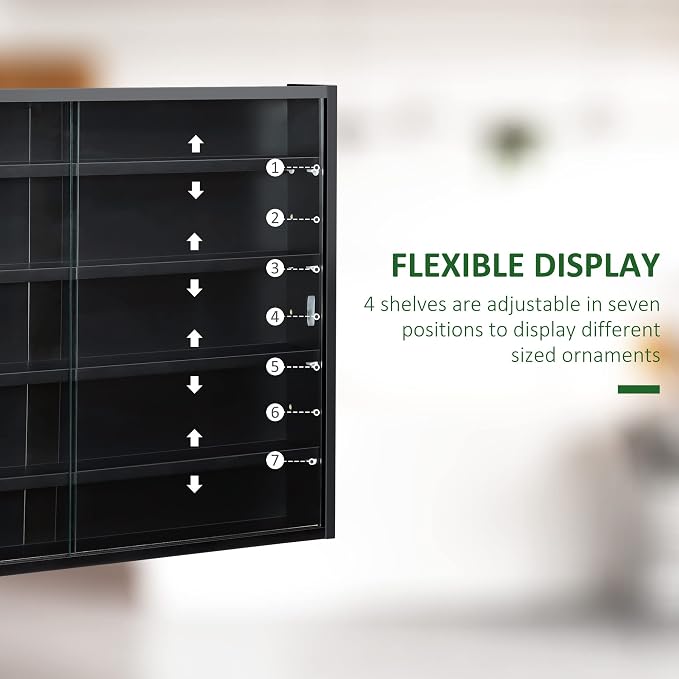 HOMCOM 5-Tier Display Cabinet, Glass Door Cabinet with Adjustable Shelves, Wall-Mounted Display Case for Playroom, Bedroom, Black
