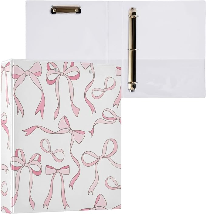 3 Ring Binder 1.5 Inch Pink Ribbon Bows Love Clipboards Binders with Interior Pockets Round Ring Binder for Office Supplies and School