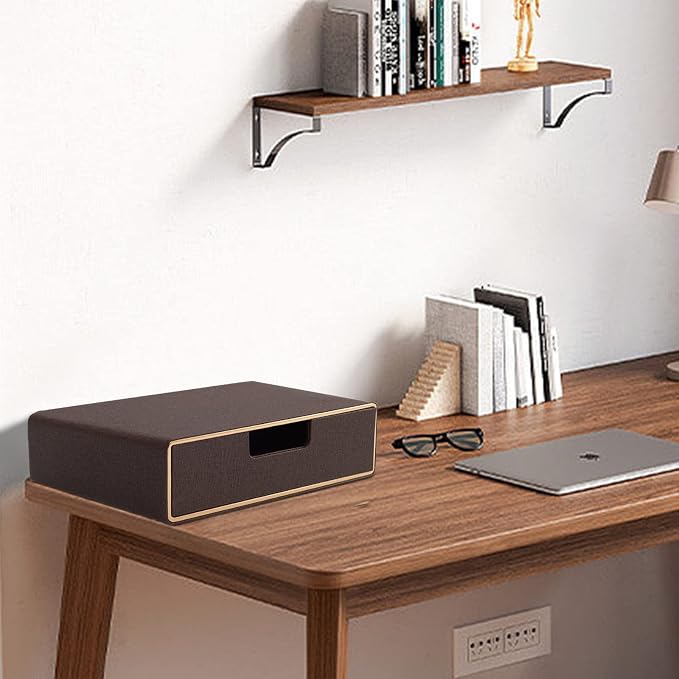 Stackable Organizer Drawer Classic Brown Pu Leather Handmade,Organize Home Office Desk Accessories and Sort Letter-Size Paper/a4 Document,Desk Caddy with Drawers Storage Box,13.1x10x3.7inches