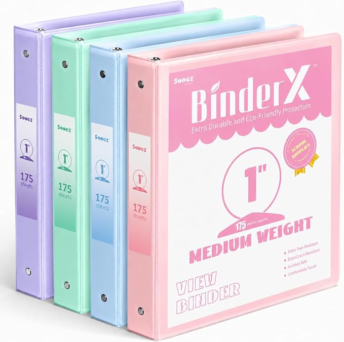 4 Pack 3 Ring Binders 1 Inch, Sooez 1" Three Round Ring Binder with Pockets | Extra Durable, Eco-Friendly, PVC-Free, Reinforced Hinge, 700-Sheet Capacity, Interior Pockets, Customizable, School, Office