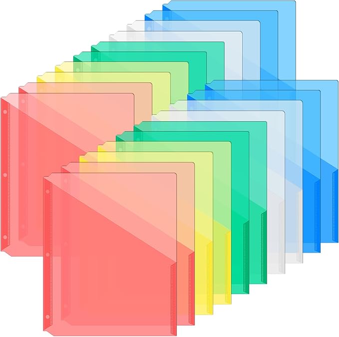 Maitys 30 Pack Binder Pockets 3 Ring, Letter Size 8.5x11,Candy Color | Clear Plastic Document Sleeves, Sheet Protectors with Slash Jacket, Fits Standard 3 Hole Binders, Organize Office Papers