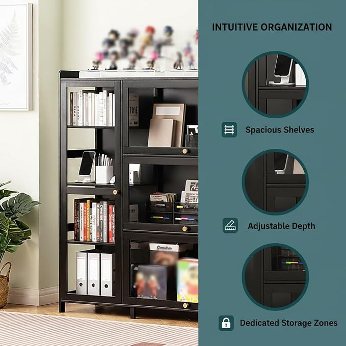 Display Cabinet with Acrylic Doors, 7 Storage Spaces Storage Cabinet & Curio Cabinet with Clear Acrylic Doors, Modern Black Bamboo & Composite Wood for Collectibles, Kitchen, Living Room