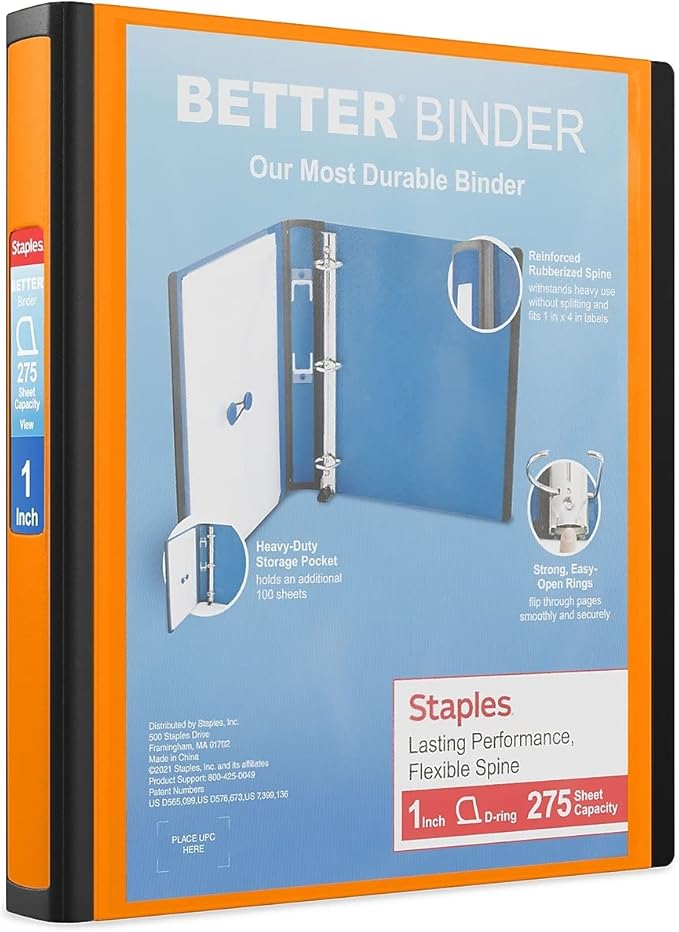 Staples Better Binder, 1-Inch D-Ring 3-Ring View, Orange, Durable | Built for office and school document organization and everyday use.