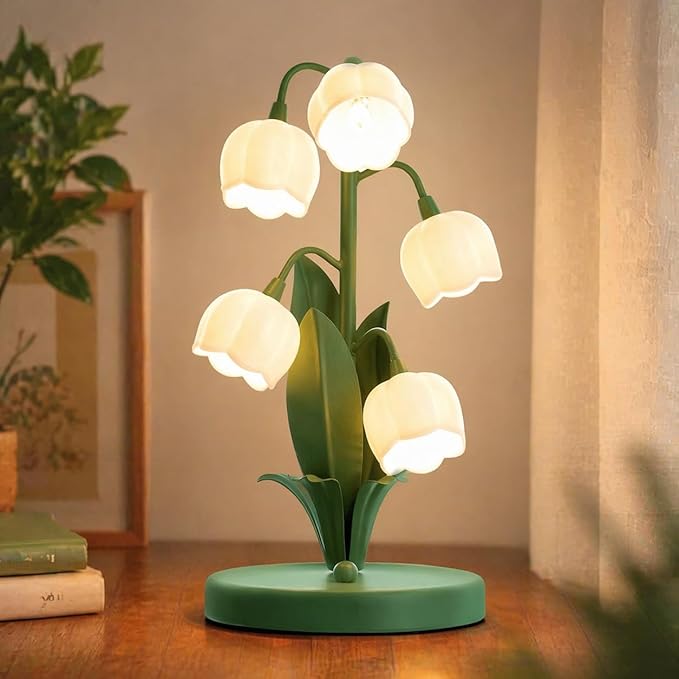 WERFOP Vintage Lily of the Valley Flower Table Lamp Green | 3 Color Adjustable LED Bedside Lamp, Cute Night Light for Bedroom, Living Room, Dorm Room, Office & Home Decor (Green)