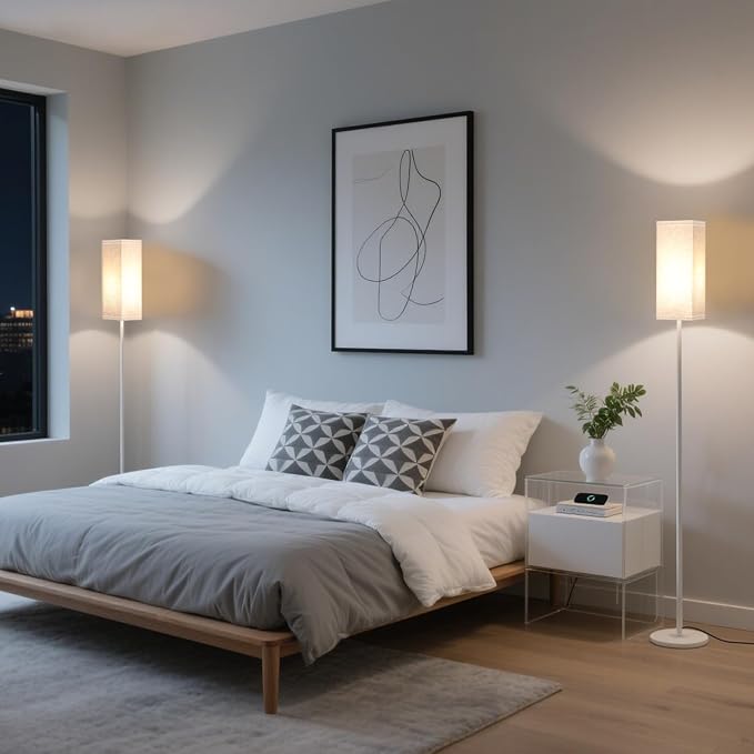 Floor Lamp, Pole Lamp with Foot Switch, Modern Standing Lamp Shade, Minimalist Freestanding Lamp (Bulb Not Included), for Living Room, Bedroom Office ETL Listed, White and Beige WE07LD05