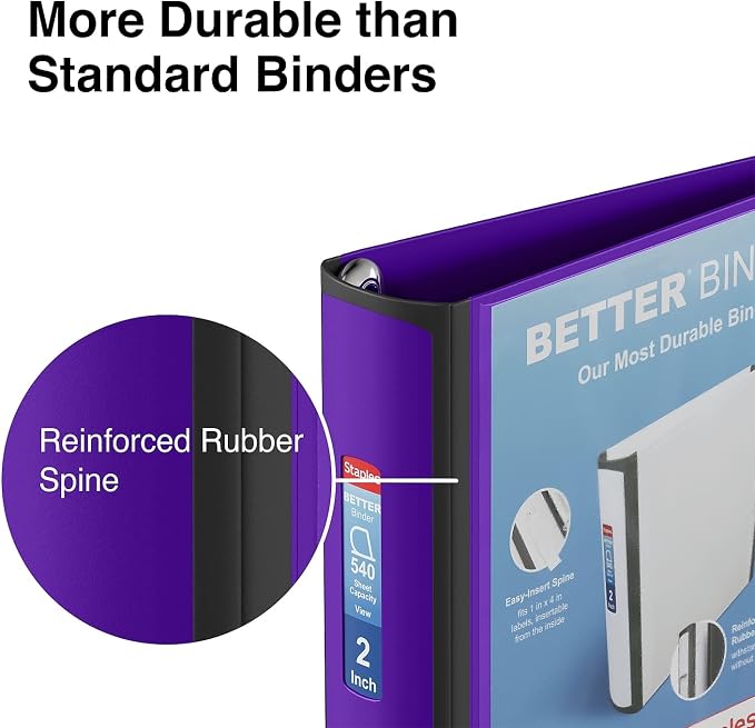 Staples Better 2-Inch 3-Ring Binder, Purple, Heavy-Duty | Reinforced binder built for school and office document organization.