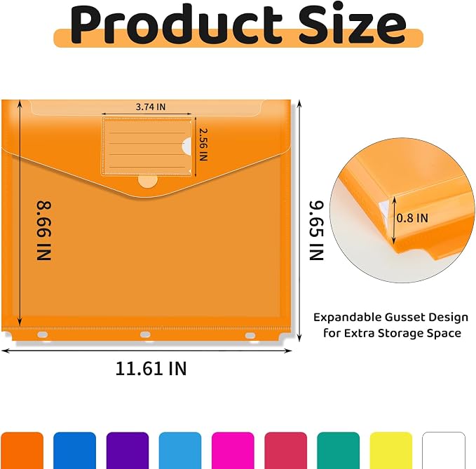 Binditek 36 Pack Expandable Binder Pocket Folders, 100-Sheet High Capacity | 3-Hole Binder Pockets, Hook and Loop Closure, 9 Assorted Colors, Label Pocket, 3 Ring Binder Organizer