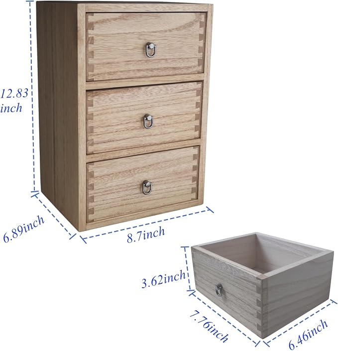 DDYURI Desktop Drawer Organizer Drawers Wooden Box Caddy Office Supplies Storage on Dresser Table 3-Tier Color-Light Brown