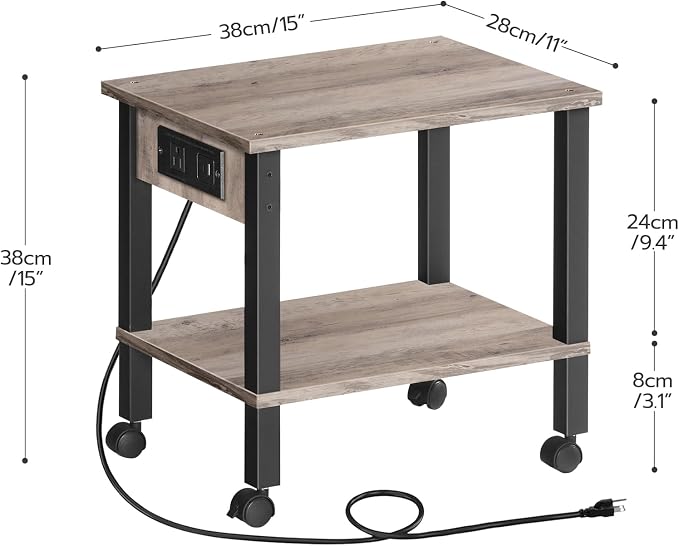HOOBRO 2-Tier Printer Stand with Charging Station, Under Desk Printer Table, Printer Cart with Storage Shelves, Shelf for Small Spaces, for Home Office, Greige and Black BG38UPS01