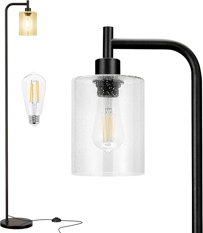 Ziisee Floor Lamps for Living Room - Standing Lamp with Seeded Glass Shade, Modern Floor Lamp with LED Bulbs, Industrial Floor Lamp for Bedroom, Black Tall Lamp for Office(Light Bulb Included)