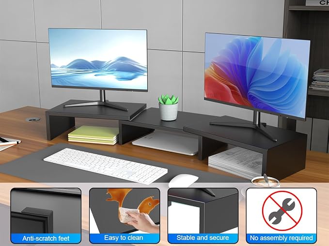 Dual Monitor Stand Riser | Monitor Stand for Desk, Metal Computer Stand, Desk Shelf Riser,Desktop Organizer for Home and Office Use (Black)