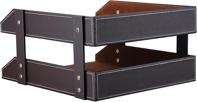Letter Tray, Leather Paper Organizer Tray, Wooden Desk File Holder, Desktop File, Stackable Magazine Holder, Mail Sorter, Great for Home or Office - 2 Level Brown