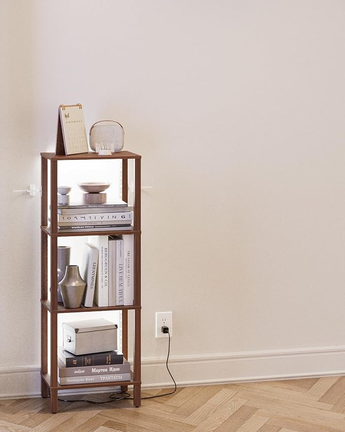 Open Book Shelf with LED Lights, 4 Tier Small Bookshelf, Freestanding Shelf Narrow Bookcase with Open Shelves, 14.96" x 10.63" x 41.26", Book Shelves for Living Room, Office, Study, Walnut