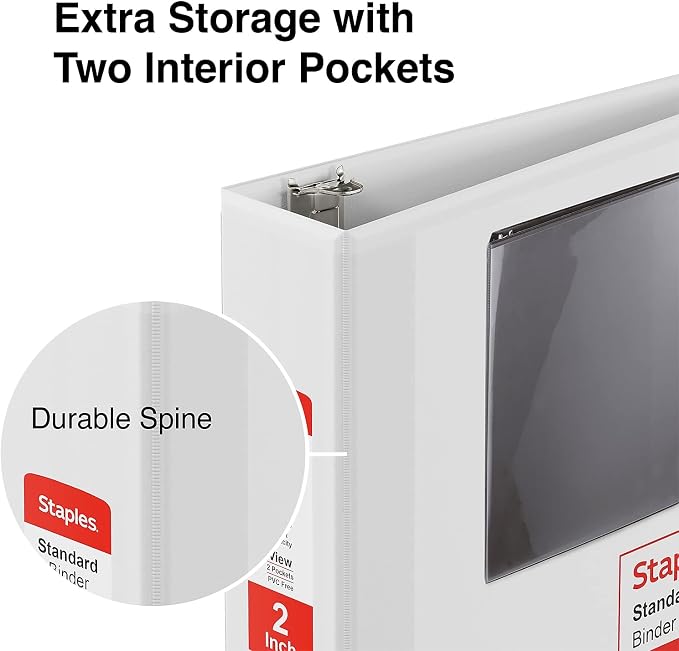 Staples 3-Ring Binder, 2 Inch D-Ring, White, 480 Sheets, 6-Pack | High-capacity organizer for home, office, and school document storage.