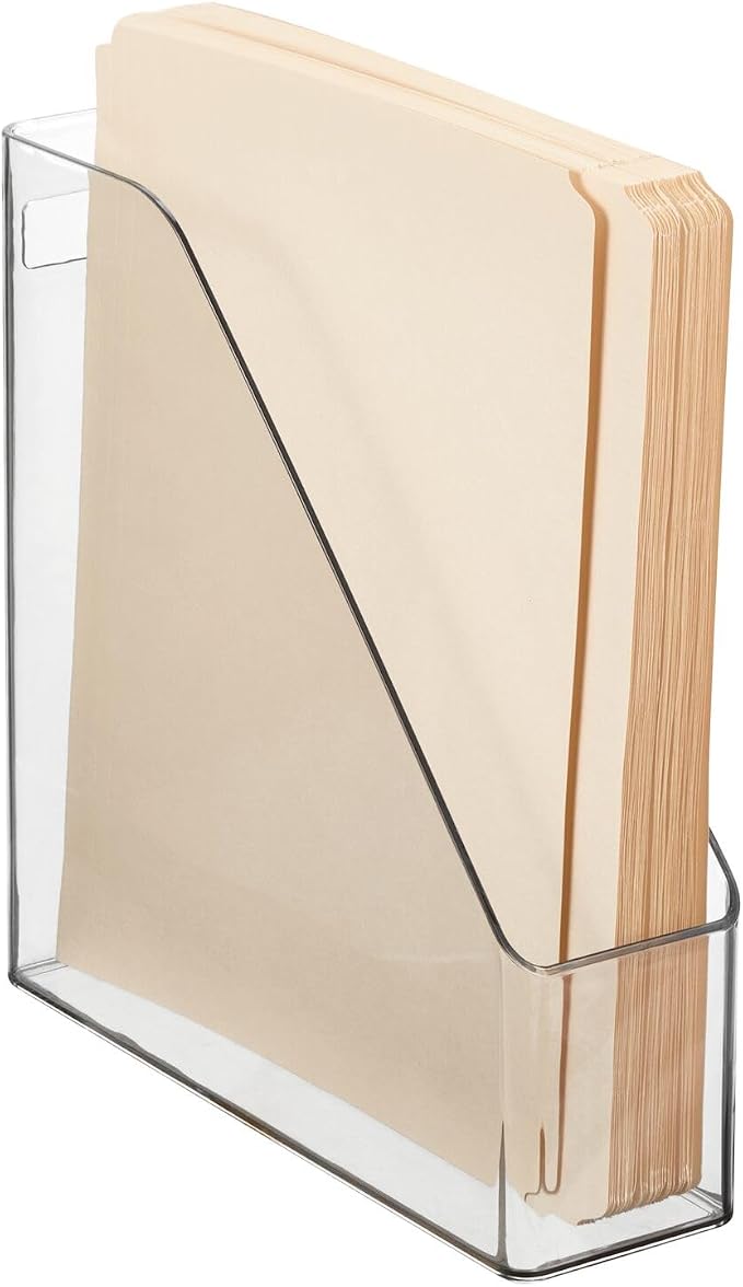 mDesign Plastic Slim Vertical File Folder Storage Organizer Bin with Handle, Hold Notebooks, Binders, Envelopes, Magazines for Home Office, Work Desktops, Ligne Collection, 8 Pack, Clear