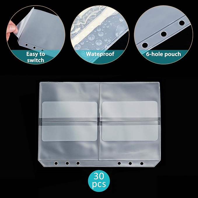30pcs Quartering A5 Binder Pocket no Zipper Clear Budget Planner Inserts Bulk Binder Organizer Cash Envelopes for Budgeting Waterproof PVC Loose Leaf Bags Card Sleeves for 6 Ring Notebook