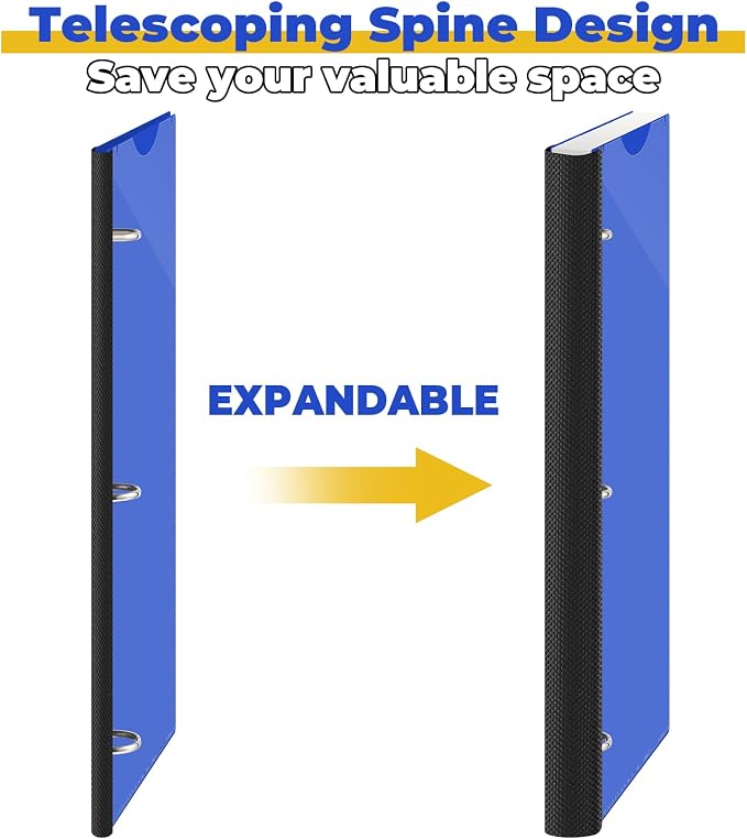 Henoyso 6 Pcs 1 Inch Telescoping 3 Ring Binder with Expandable Telescoping Spine 200 Sheets Capacity with Clear Front Cover 3 Round Ring Flexible Plastic Notebook Binder for School, Office(Multicolor)
