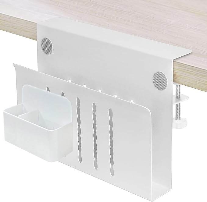 Desk Side Storage, Under Desk Hanging Storage | Standing Desk Organizer with Magnetic Pen Slot, No Drill Clamp to 0.5-2.38" Desks, 22 Lbs Carbon Steel (White)