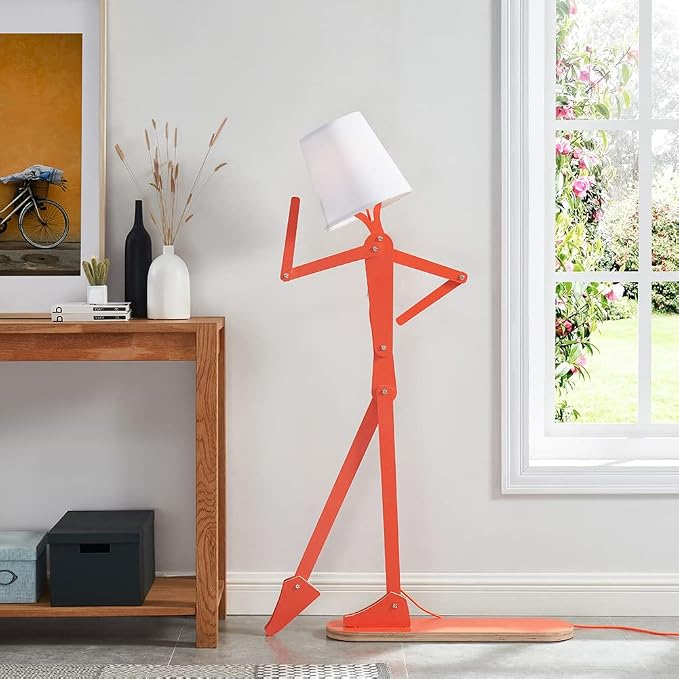 Cool Tall Wood Floor Lamp Corner Reading LED Bulb Included, Orange | Unique Design, Bedroom, Living Room, Office, Kids Bedside, Dorm, Decorative Standing Light, Creative Swing Arm