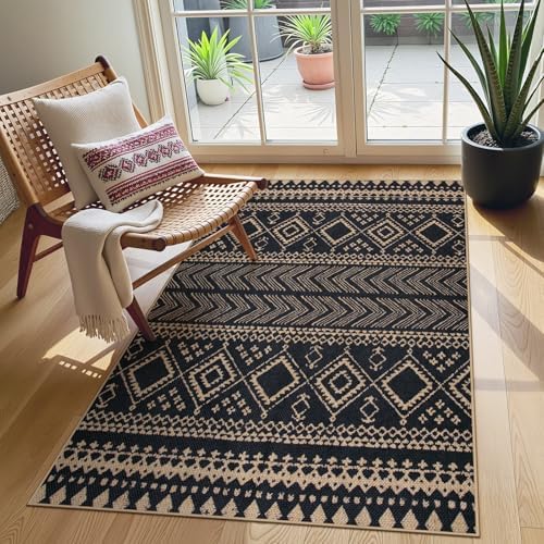 Lahome Boho Western Balcony Rug, Black 3x5 Washable Entryway Rug