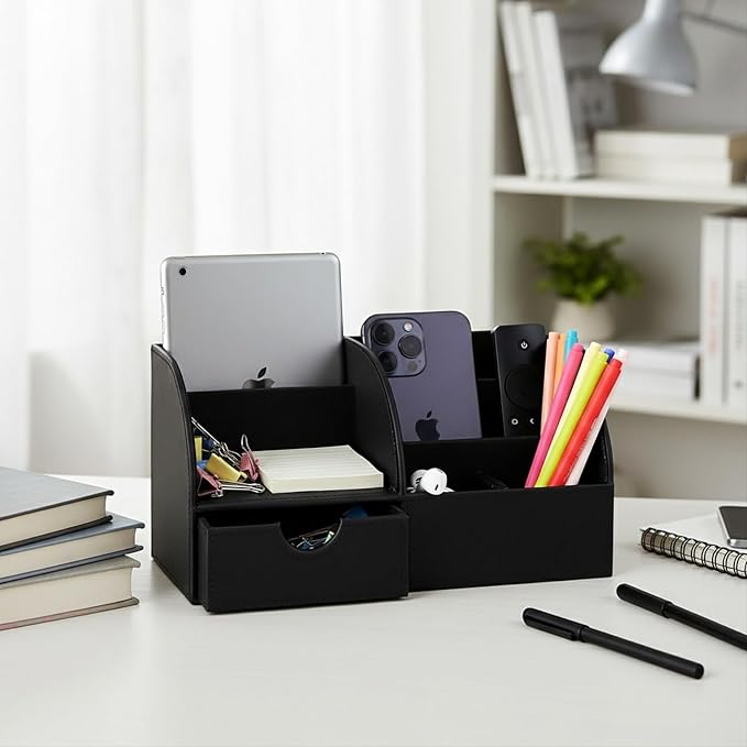 UnionBasic Desk Organizer - Multifunctional Leather Desktop Pen Holder Storage Box - Business Card/Pen/Pencil/Mobile Phone/Stationery Holder, Black