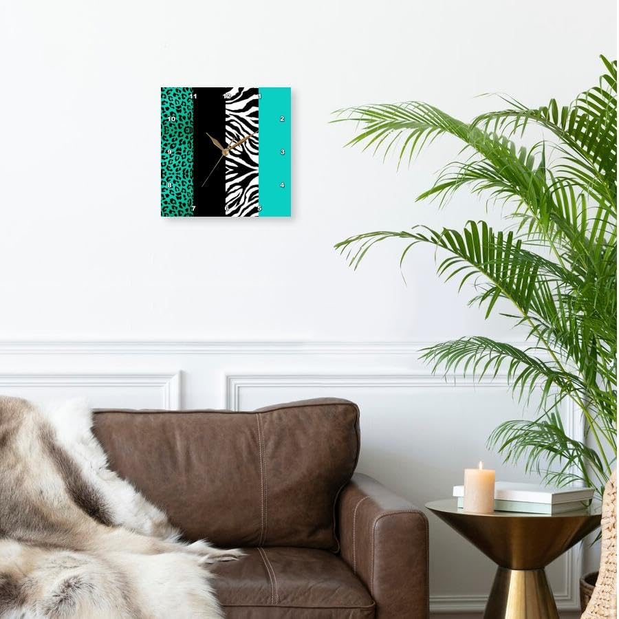 3dRose DPP_35444_1 Aqua Blue Black and White Animal Print Leopard and Zebra Wall Clock, 10 by 10-Inch