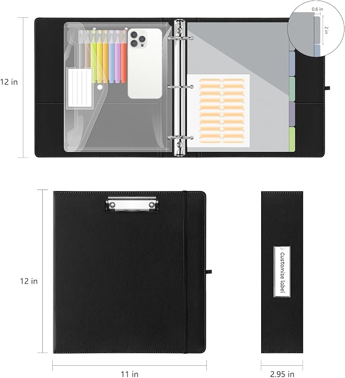 Leather 3 Ring Binder, 2 Inch Binders with Clipboards, 5-Tabs Pockets Dividers, 18 Divider Stikers, Plastic Folder, Pen Holder, Three Ring Binder with Pen Holder(Black, Letter Size)