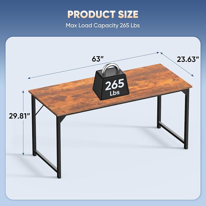 DUMOS 63 Inch Small Computer Desk, Gaming Desks for Home Office Bedroom | Modern Study Writing Work Table, Craft PC Desk Simple Workstation with Reinforcement Structure, Modern Rustic Brown