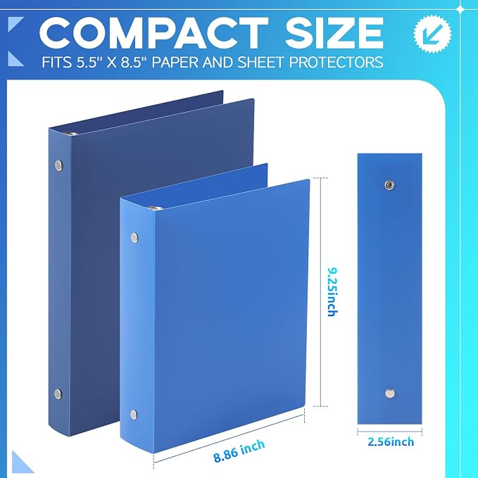 Henoyso 2 Inch 6 Pack Mini 3 Ring Binders for 5.5"x8.5" Paper,Blue | Holds 375 Sheets, Plastic Small Binders, Round Three Rings, Flexible PP Covers, School Office, Photo Album Planner Journal