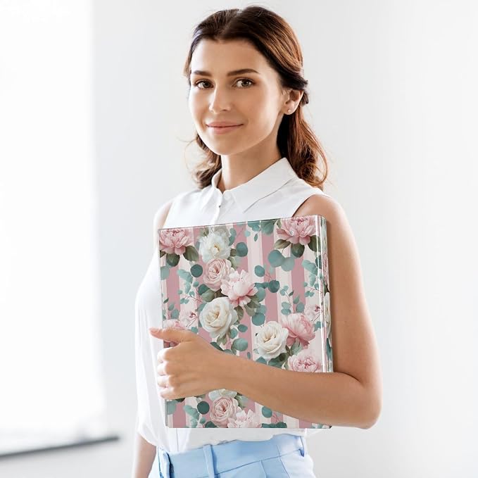 Rose Flower Round Ring Binder for Recipe Budge Storage Organizer, Printed D Ring 1.5 Inch Binders for Office Work School Aesthetic Binder with Clear Pocket Non-Slip Clip