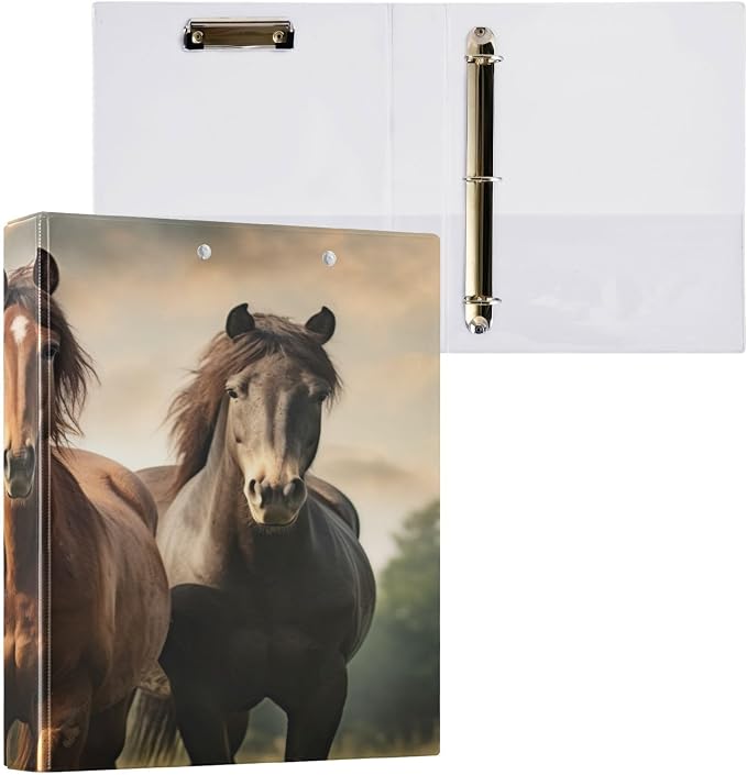 3 Ring Binder, Horses Clipboard With 2 Pockets, 1.5 Inch Heavy Duty Round Ring for Office Supplies