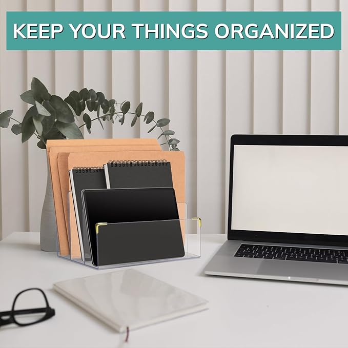 pbf Acrylic File Holder | Clear File Organizer for Desk w/ Gold Accents | Acrylic Desk Organizer, Folder Holder, Mail Sorter, File Stand, Magazine Divider, Laptop, Notebook, & Letter Organizer