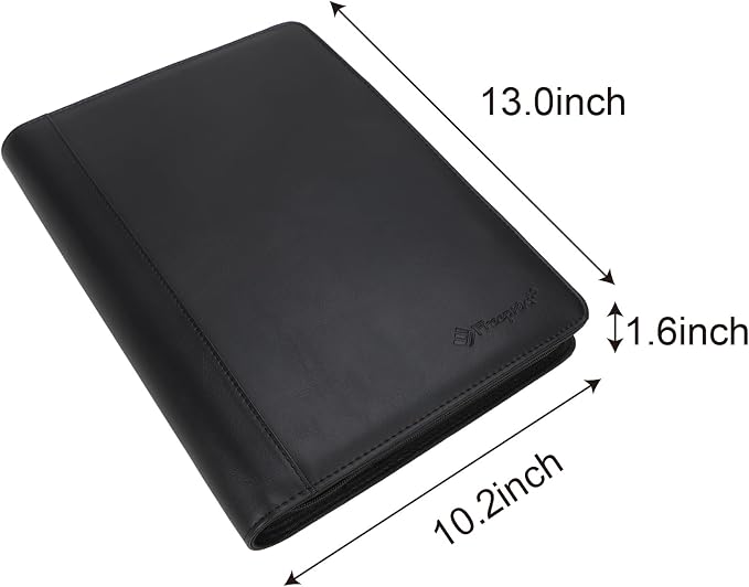 Zippered Portfolio Binder 3 Ring with Writing Pad Legal Size Letter - PU Leather Professional Padfolio Folder for Interview Business, Black