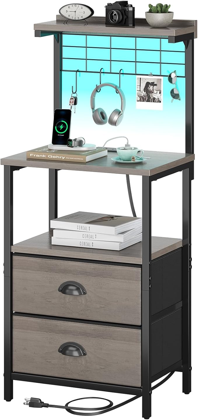 sthmec Tall Nightstands with Charging Station, LED Night Stand Bedsides with 2 Drawers Fabric, Hooks,USB Port and Open Storage Shelves,Tall End Table Bedside for Bedroom,Office, Grey