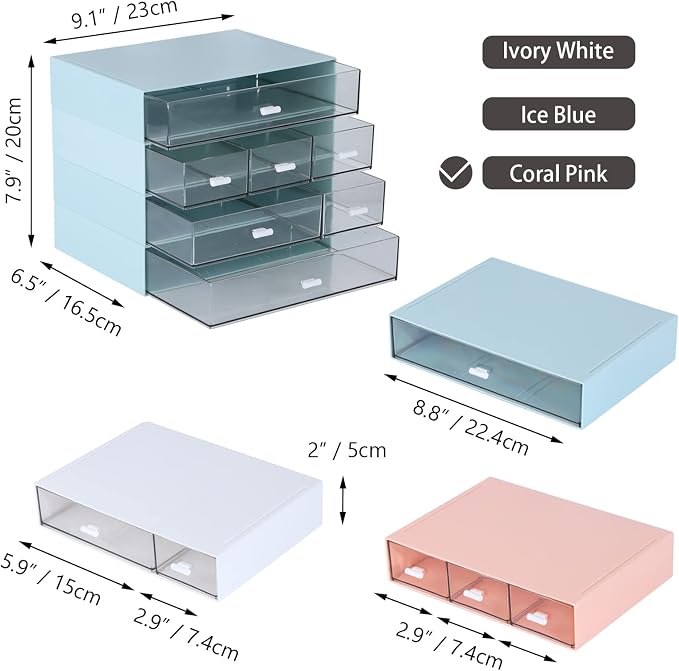 Stackable Storage Drawers, Office Desk Organizer with 7 Flat Drawers | Pink, Plastic Mini Desktop Storage Box, Tabletop Small Craft Drawer for Office Supplies, Makeup Desk Organizer and Accessory