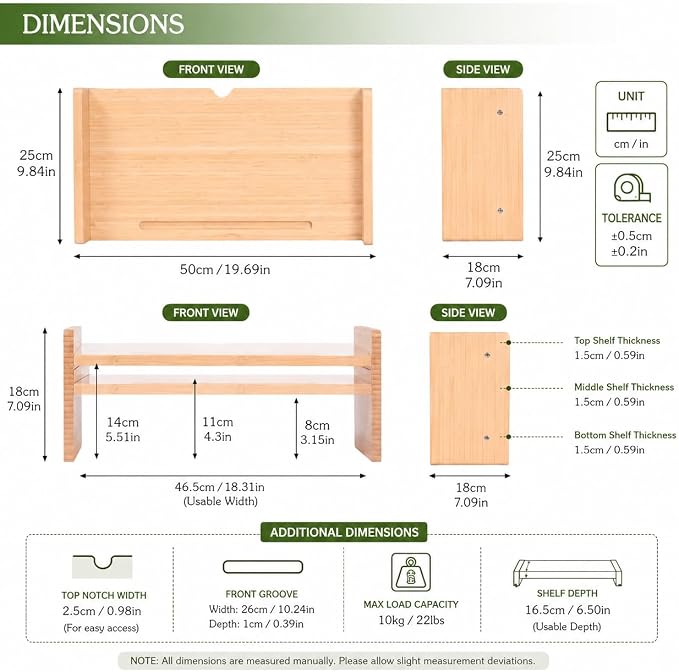 Bamboo Monitor Stand for Desk, 3-Level Adjustable Monitor Riser, Wooden Desktop Shelf Organizer, Portable and adjustable Laptop Stand for Desk, Macbook stand and Computer Tower Stand, TV Riser Printer Stand, Space Saving Desk Shelf
