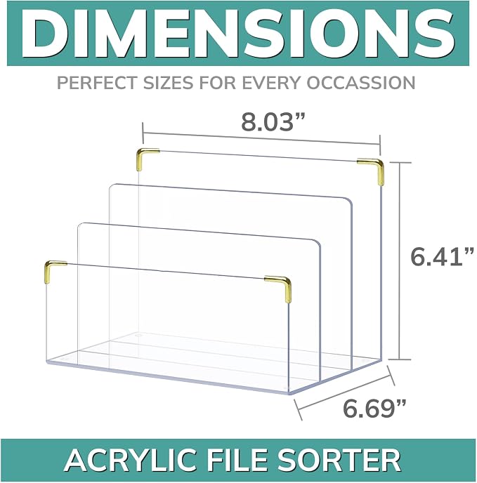 pbf Acrylic File Holder | Clear File Organizer for Desk w/ Gold Accents | Acrylic Desk Organizer, Folder Holder, Mail Sorter, File Stand, Magazine Divider, Laptop, Notebook, & Letter Organizer