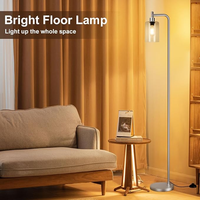 Ziisee Floor Lamps for Living Room - Industrial Standing Lamp with Glass Shade, Modern Floor Lamp with LED Bulbs, Tall Lamp for Bedroom Office - Brushed Nickel