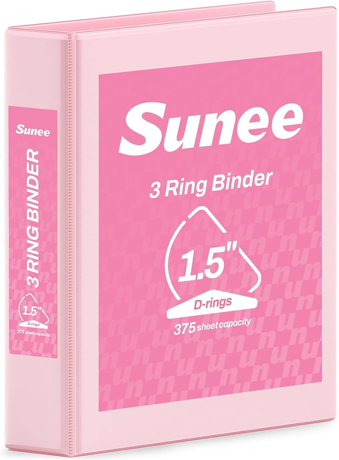SUNEE 3 Ring Binder 1.5 Inch D Ring, Clear View Three Ring PVC-Free (Fit 8.5x11 Inches) for School or Office Supplies, Pink, 1 Pack