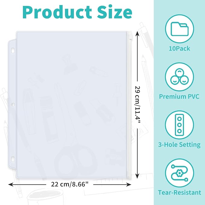 Binditek 10 Pack Zippered Binder Pockets, 3-Hole, Clear, White Zippers | Plastic Binder Pouches, Fits 3 Ring Binders, Waterproof PVC, Zipper Closure, Document Filing and Storage