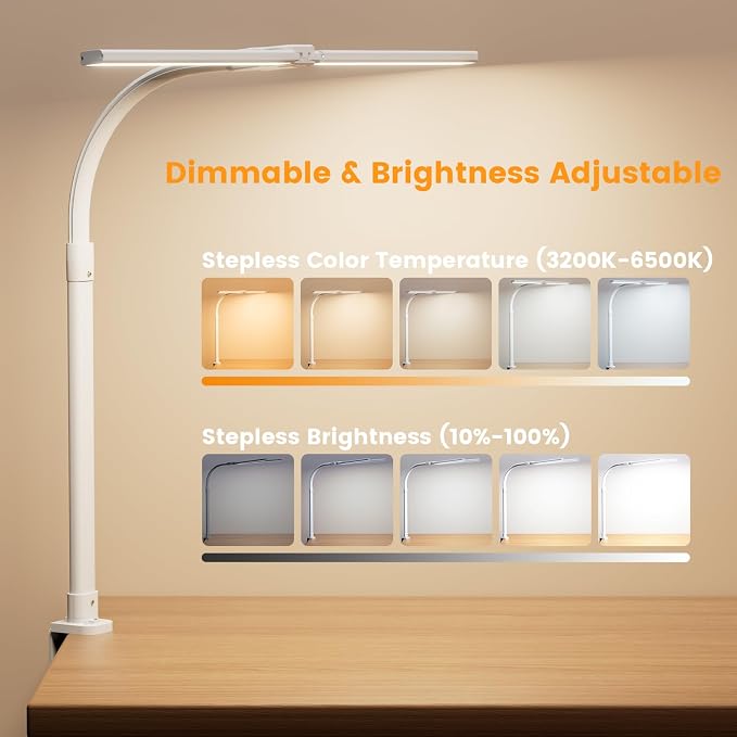LED Desk Lamp - Bright Dimmable Computer Lamp, 24W Bendable Desk Light for Monitor Screen, Eye-Caring Tall Desktop Light for Task Home Office Work, White, Dual Head