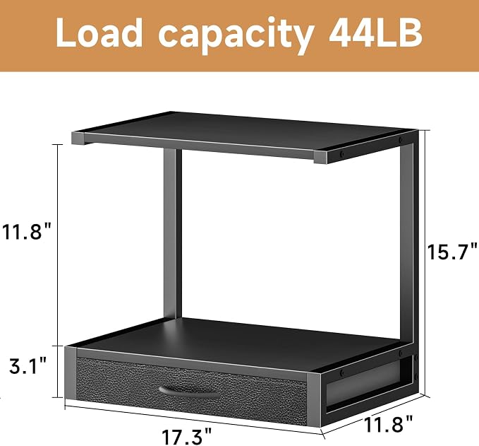 YAOHUOO 2-Tier Desktop Printer Stand with Fabric Drawer,17.3"x11.8" Black | Printer Table with Storage Shelf,Desk Organizer for Home Office,Fit Printer,Fax Machine,Scanner,Space Saving for Two Monitors