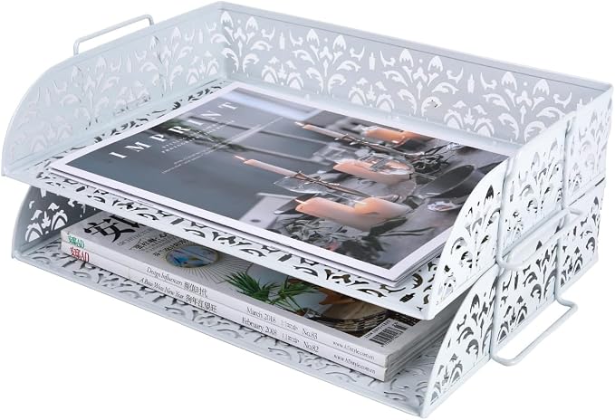 2 Tier Desktop File Organizer Metal Stackable Letter Tray Paper Holder Rack for Desk, White