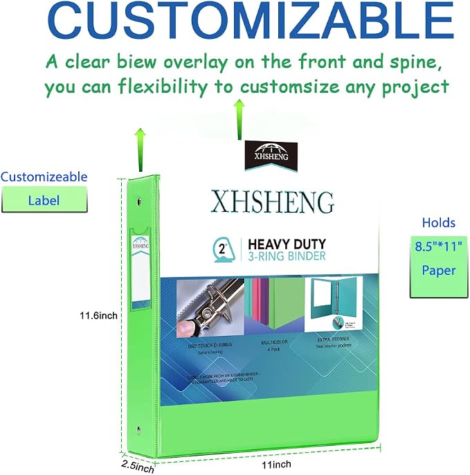 XHSHENG 2 Inch Binders 3 Ring,One Touch Easy Open D-Rings,Letter Size | 1 In Three Ring Binders,with 2 Pockets, Holds 400 Sheets 8.5x11 inch Papers, View Binders for Office Supplies