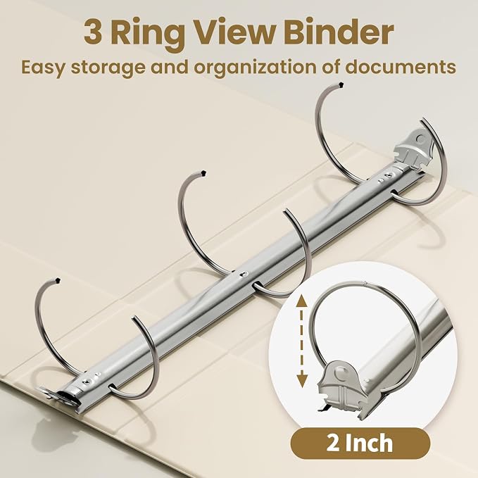 SUNEE 3 Ring Binder 2 Inch 4 Pack, Clear View Binder Three Ring PVC-Free (Fit 8.5x11 Inches) for School or Office Supplies, Neutral Aesthetic
