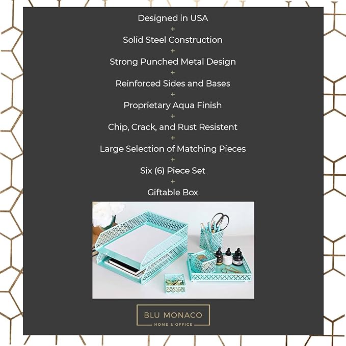 BLU MONACO | Aqua Desk Organizer Set for Women 6 Piece | Mail Sorter Organizer Countertop with Letter Sorter for Desk | Standing File Organizer with Mesh Pen Holders