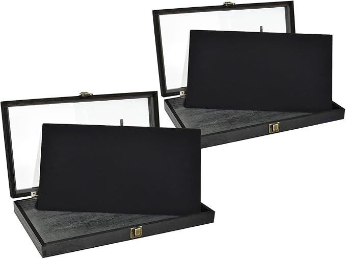 MOOCA 2 Pcs Wooden Jewelry Display Case, Pocket Knife Display Case with Tempered Glass Top Lid and Removable Black Luxurious MDF Velvet Jewelry Pad, Black Color