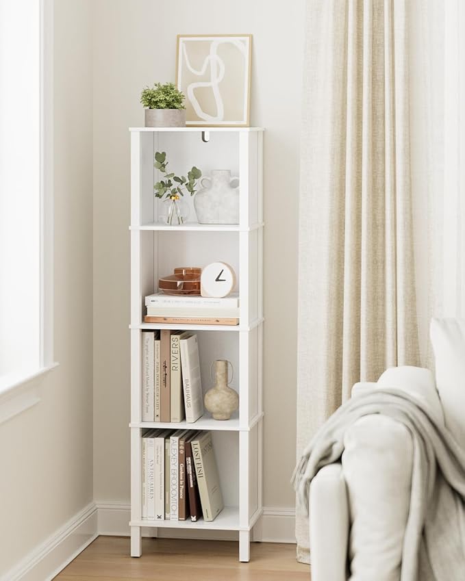 Bookshelf, Modern 4-Tier Bookcase, Open Storage Book Shelf, 11 × 14.2 × 50.4 Inches, Small Narrow Bookshelves for Living Room, Home Office, Bedroom, White
