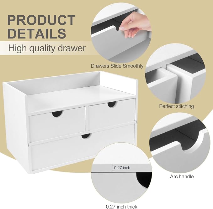 Charmewooden Bamboo Desk Organizer 3 Drawer with Shelf, Countertop Organizer with Drawers Makeup Storage Drawer 3 Drawers Tabletop Storage Organization Box Home Office Workspace（White）